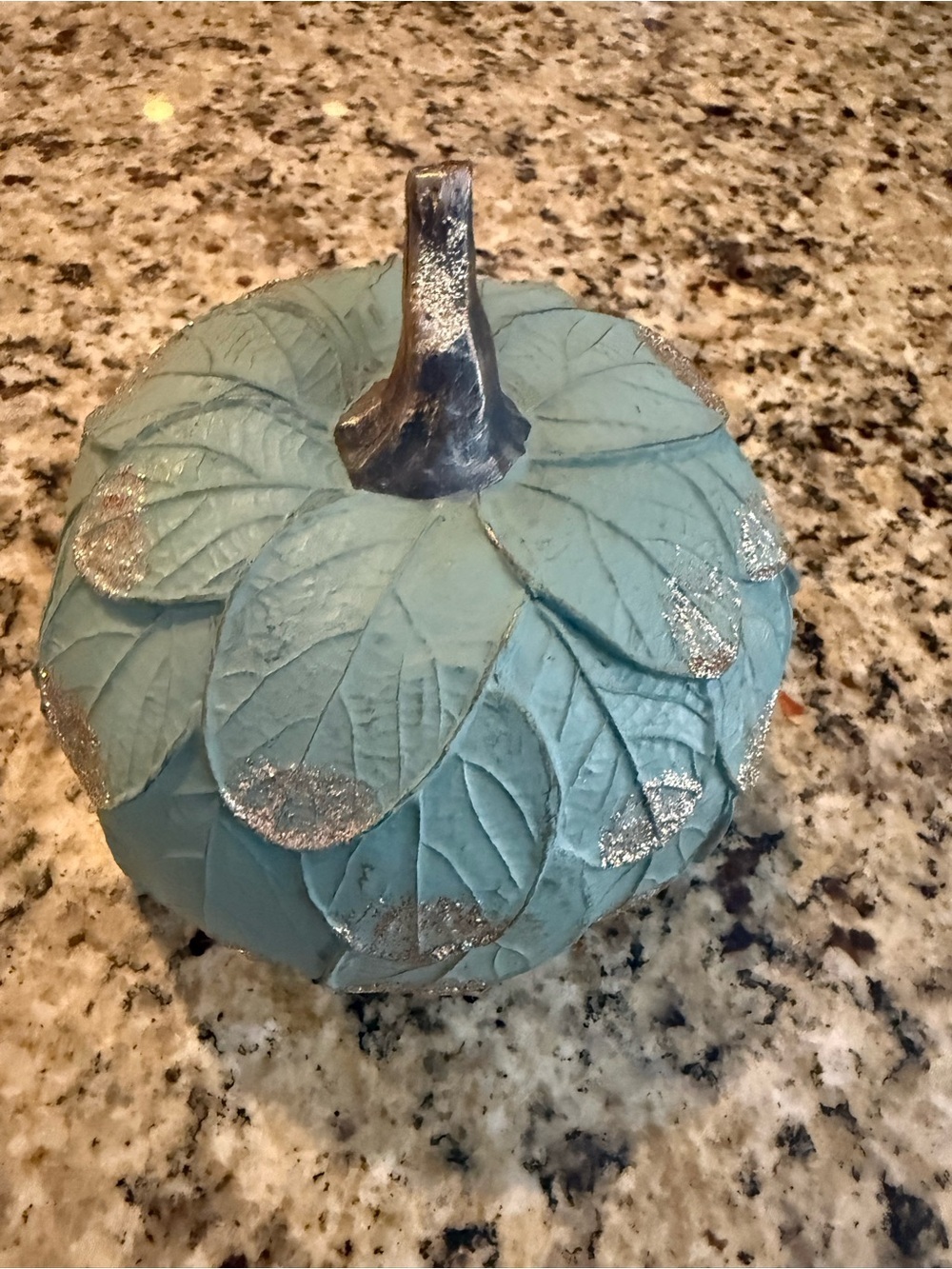 Decorative Blue Pumpkin with Silver Leaf Accents Fall Decor
